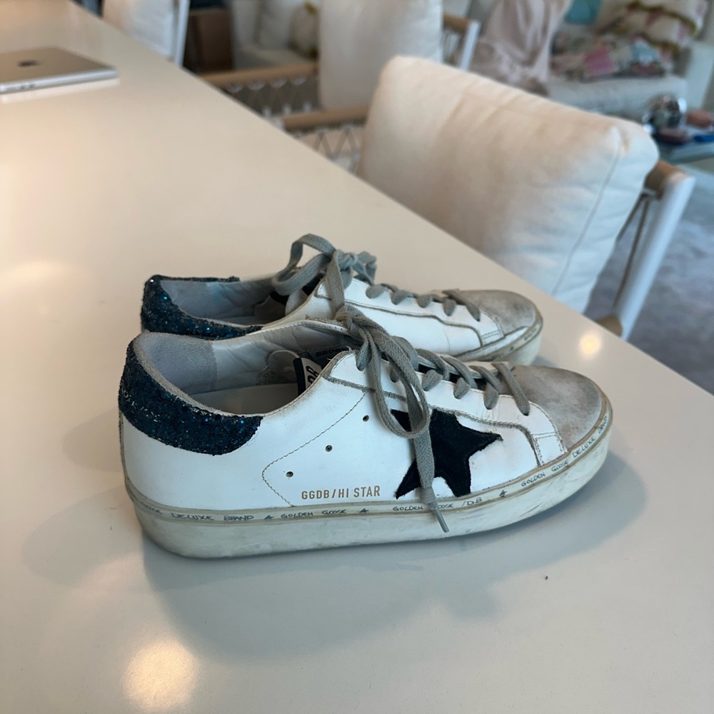 Golden Goose White and Blue Vintage Style Sneakers